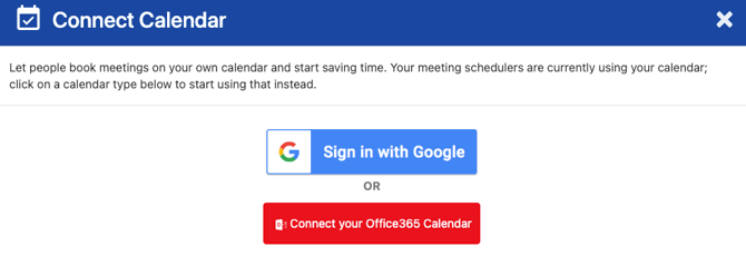 Connected Calendar Settings panel for connecting Google or Office 365