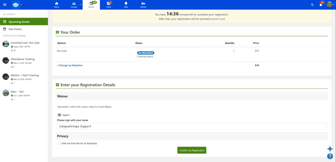 Event registration options table with a paid option and the Register button