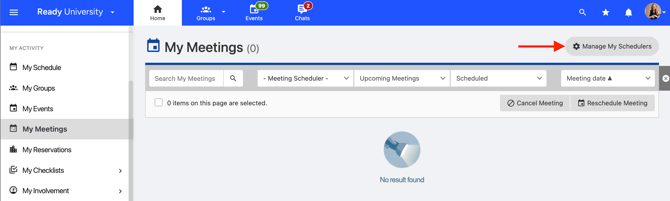 Manage My Schedulers option under My Meetings