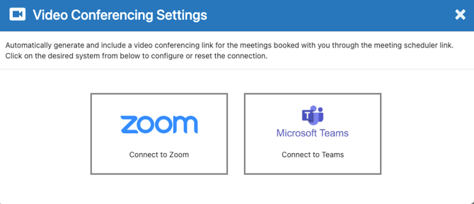 Video Conferencing Settings panel for connecting Zoom or Microsoft Teams