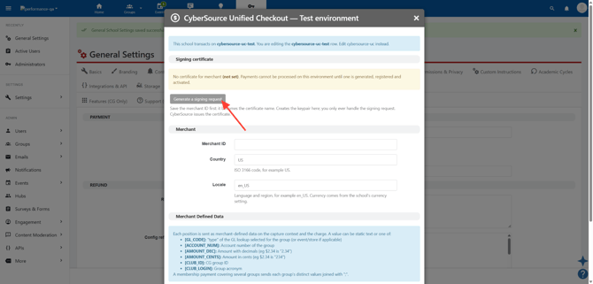Generate a signing request button in the Signing certificate section