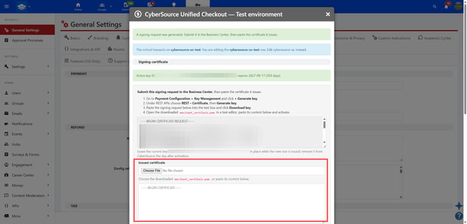Issued certificate section with the Choose File button and certificate text box
