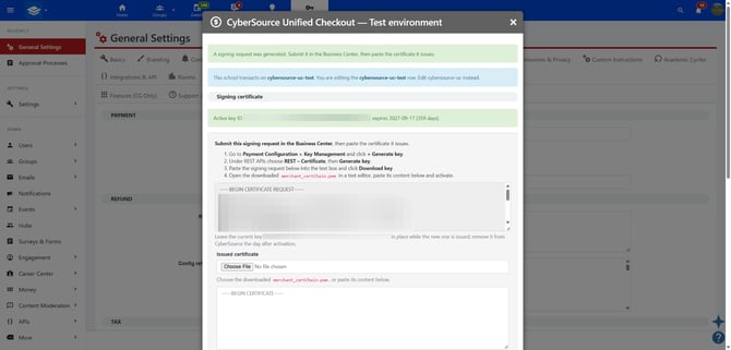 Signing request text box showing the certificate request to copy