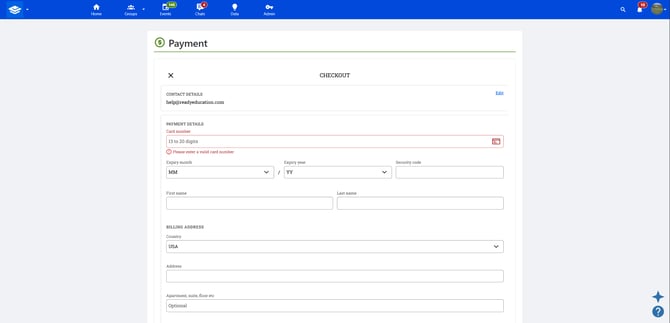 Unified Checkout form on the Payment page showing the contact details step